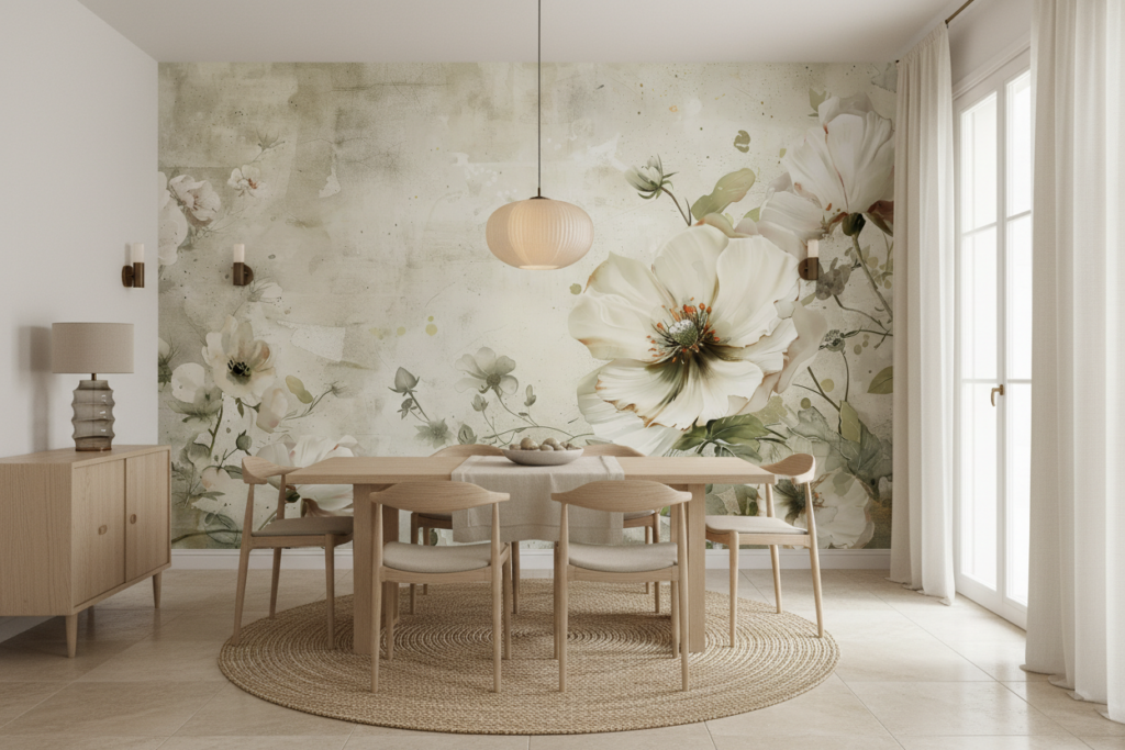 Papier peint floral vintage aux grandes fleurs blanches délicates - Salle à manger