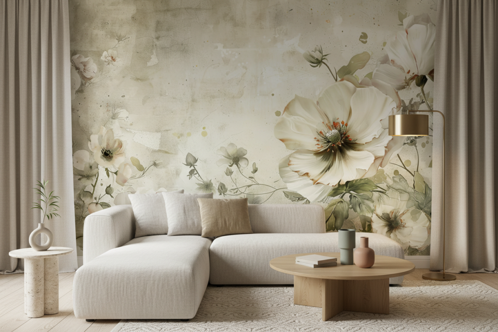 Papier peint floral vintage aux grandes fleurs blanches délicates - Salon / Séjour