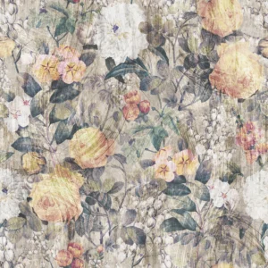 Papier peint floral vintage aux roses pastel et feuillages texturés