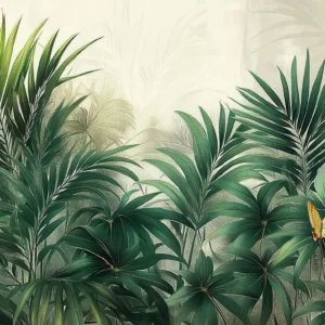 Papier peint tropical luxueux avec palmiers et papillons dorés