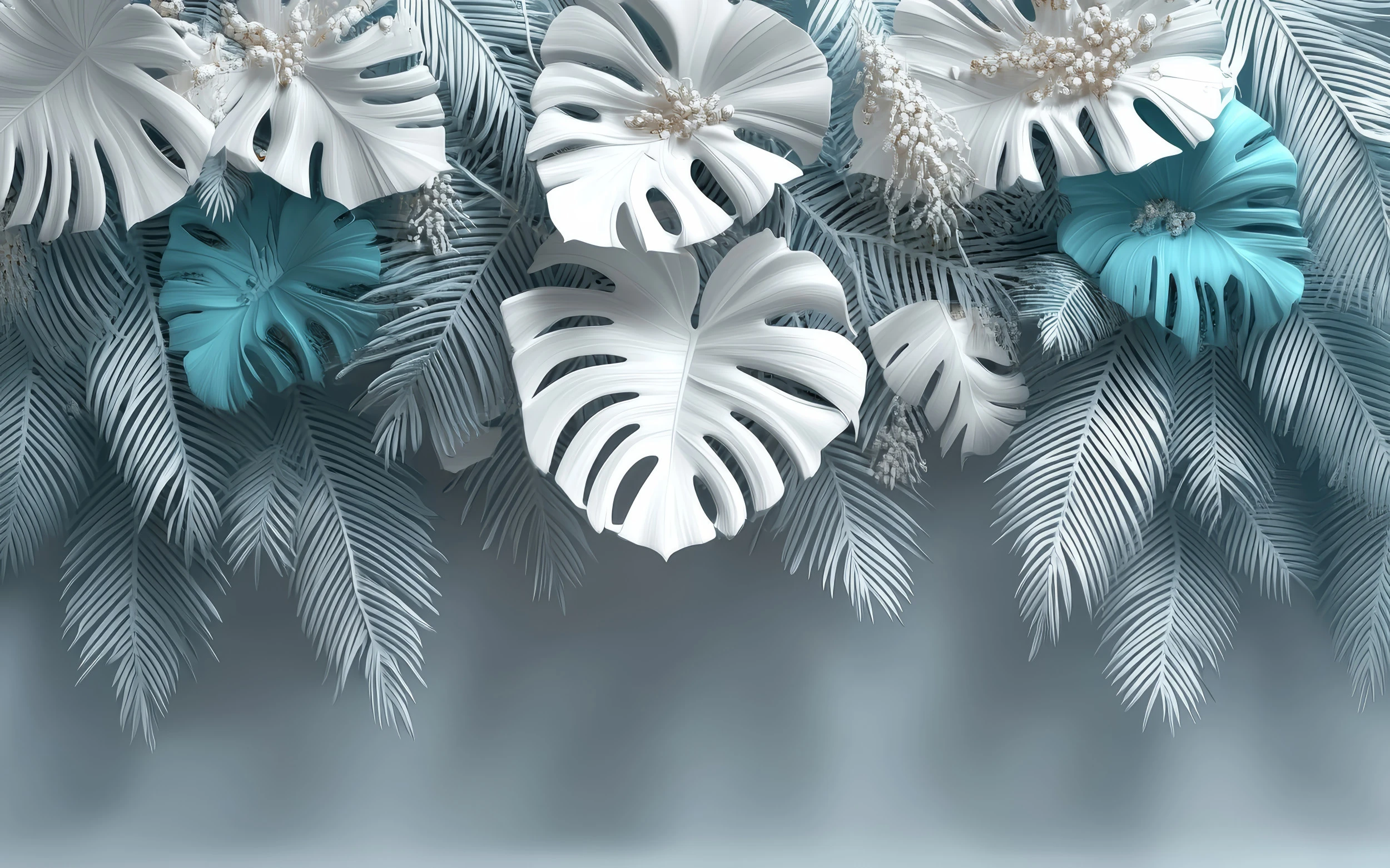 Papier Peint Tropical Moderne Feuilles Monstera Bleu Turquoise