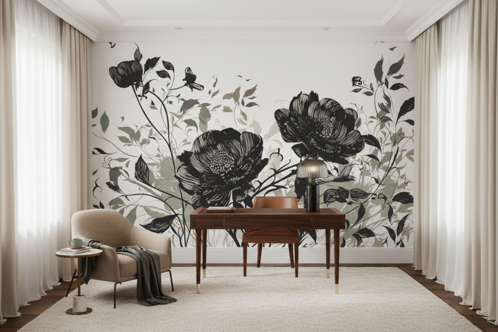 Papier Peint Floral Vintage Noir et Beige Élégant - Bureau