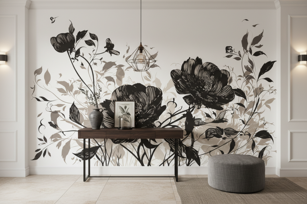 Papier Peint Floral Vintage Noir et Beige Élégant - Entrée