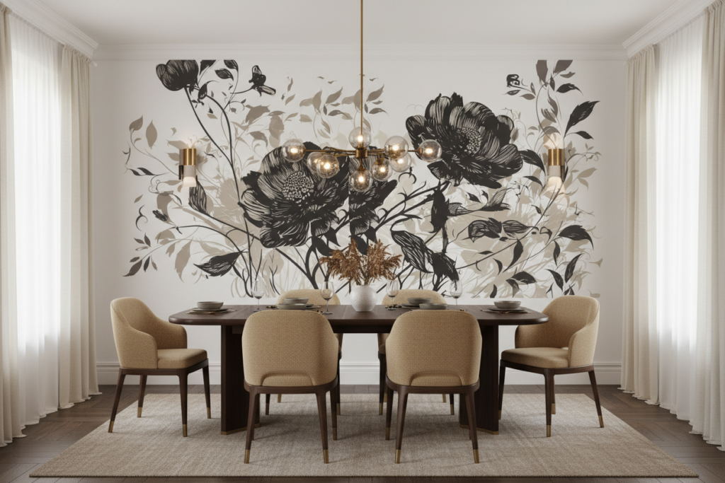 Papier Peint Floral Vintage Noir et Beige Élégant - Salle à manger