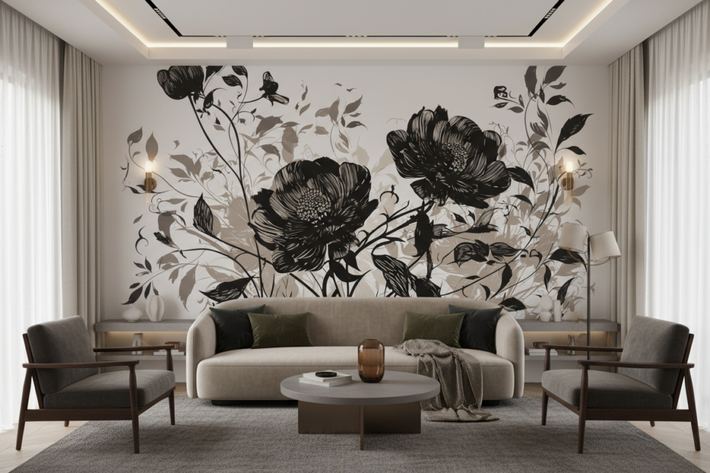 Papier Peint Floral Vintage Noir et Beige Élégant - Salon / Séjour