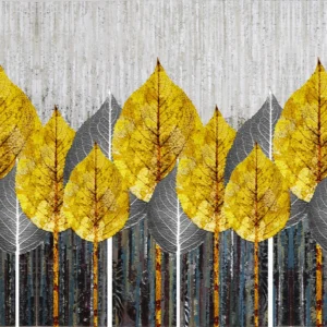 Papier peint forêt automne feuilles jaunes et troncs stylisés