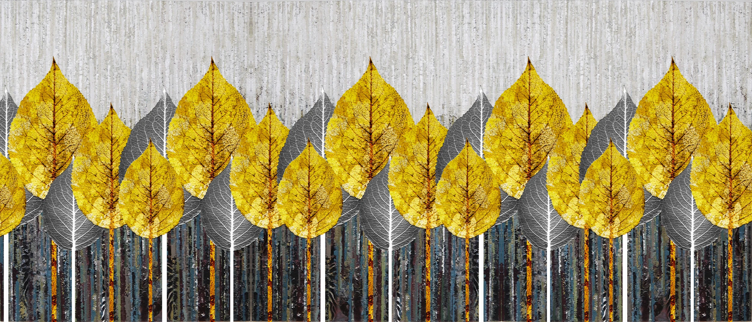 Papier peint forêt automne feuilles jaunes et troncs stylisés