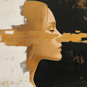 Portrait Artistique Contemporain aux Tons Dorés et Noirs