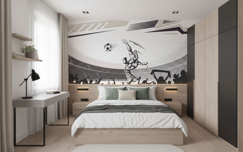 Papier Peint Football Joueur Acrobatique Stade Moderne Ambiance Sportive - Chambre ado