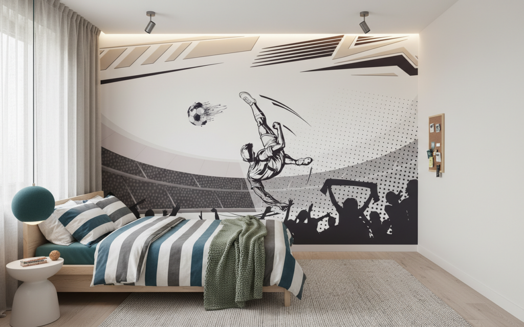 Papier Peint Football Joueur Acrobatique Stade Moderne Ambiance Sportive - Chambre enfant