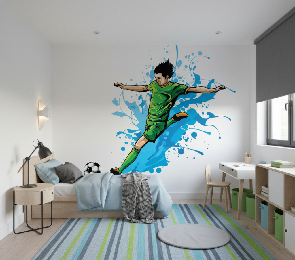 Papier peint footballeur dynamique éclaboussures bleues style moderne sport - Chambre enfant