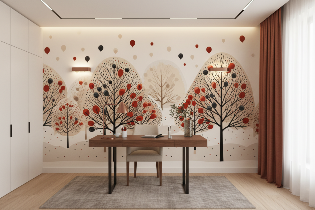 Papier Peint Forêt Automnale avec Ballons Colorés Motif Artistique - Bureau