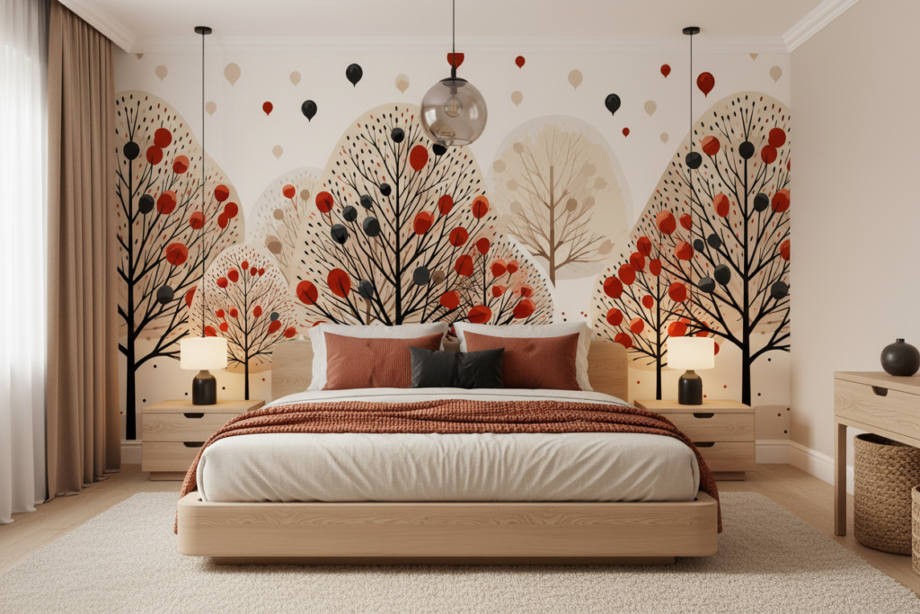 Papier Peint Forêt Automnale avec Ballons Colorés Motif Artistique - Chambre adulte