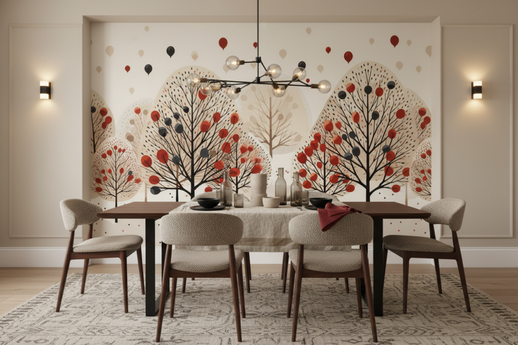 Papier Peint Forêt Automnale avec Ballons Colorés Motif Artistique - Salle à manger