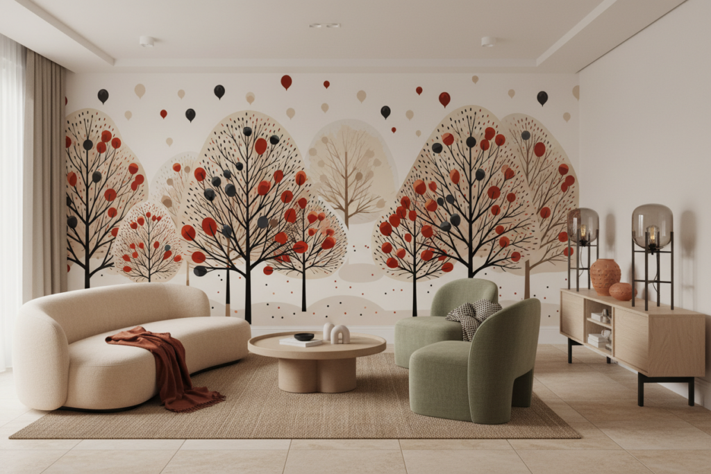 Papier Peint Forêt Automnale avec Ballons Colorés Motif Artistique - Salon / Séjour