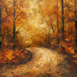 Forêt d'automne dorée avec chemin mystérieux et feuilles tourbillonnantes
