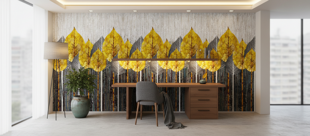 Papier peint forêt automne feuilles jaunes et troncs stylisés - Bureau