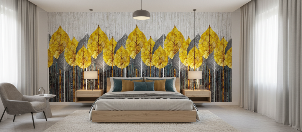 Papier peint forêt automne feuilles jaunes et troncs stylisés - Chambre adulte