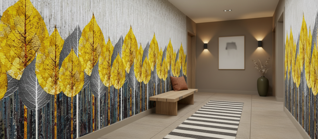 Papier peint forêt automne feuilles jaunes et troncs stylisés - Couloir