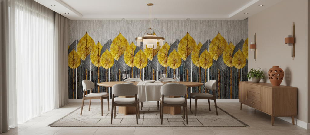 Papier peint forêt automne feuilles jaunes et troncs stylisés - Salle à manger