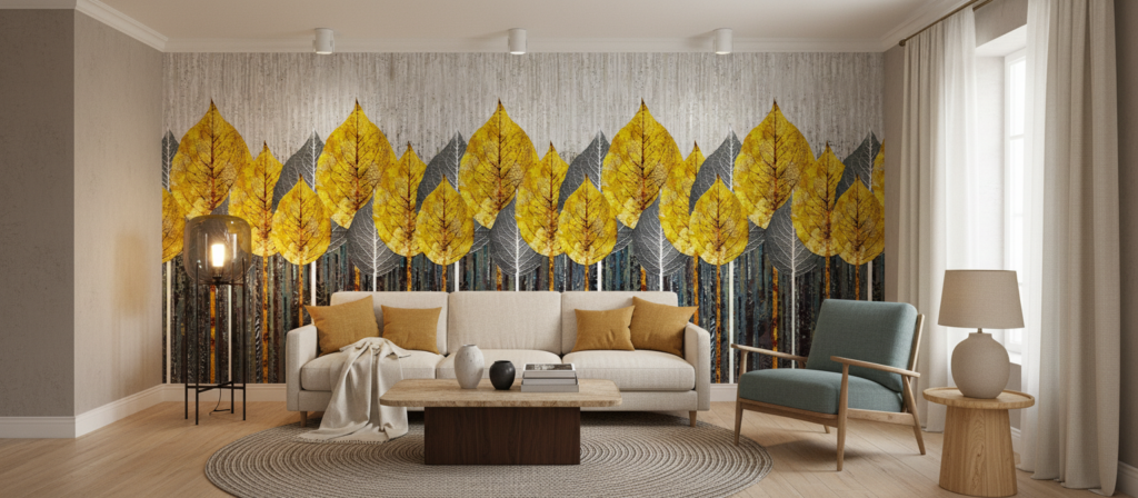 Papier peint forêt automne feuilles jaunes et troncs stylisés - Salon / Séjour