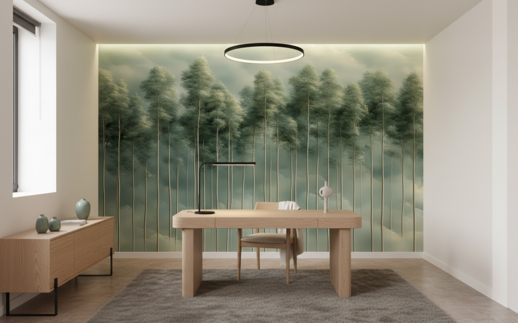 Papier Peint Forêt Brouillard Troncs Minces Reflets Aquatiques Vert - Bureau