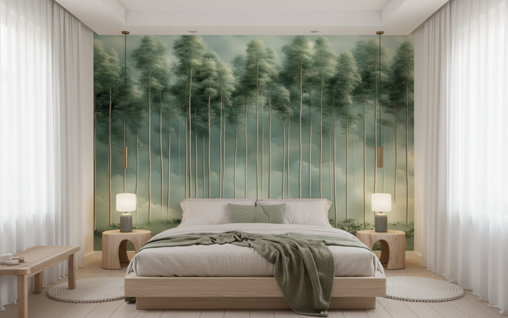 Papier Peint Forêt Brouillard Troncs Minces Reflets Aquatiques Vert - Chambre adulte