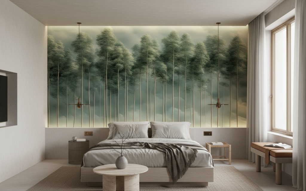 Papier Peint Forêt Brouillard Troncs Minces Reflets Aquatiques Vert - Hôtel