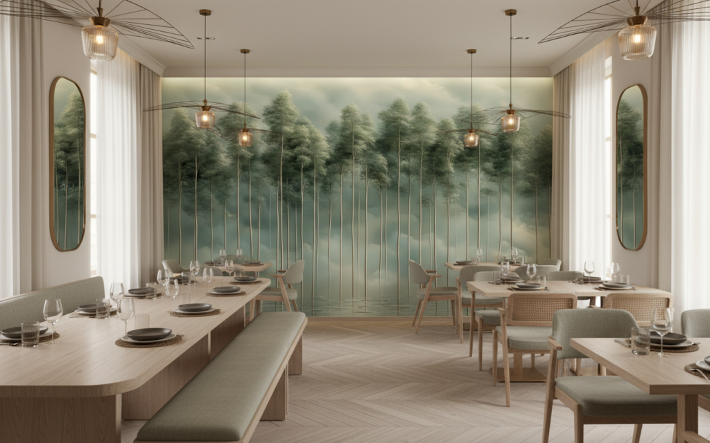 Papier Peint Forêt Brouillard Troncs Minces Reflets Aquatiques Vert - Restaurant