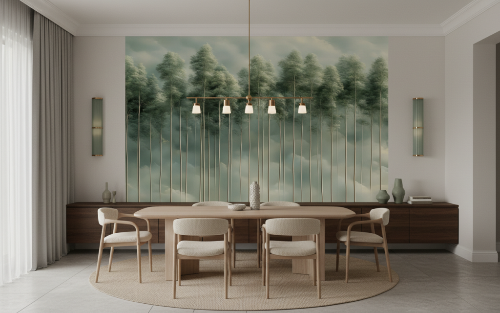 Papier Peint Forêt Brouillard Troncs Minces Reflets Aquatiques Vert - Salle à manger