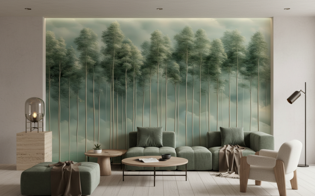 Papier Peint Forêt Brouillard Troncs Minces Reflets Aquatiques Vert - Salon / Séjour