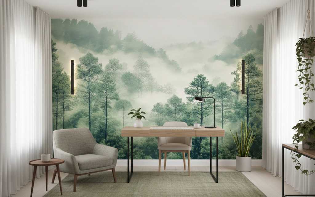 Papier peint forêt brume matinale paysage naturel apaisant - Bureau