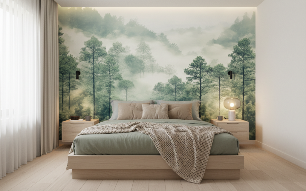 Papier peint forêt brume matinale paysage naturel apaisant - Chambre adulte