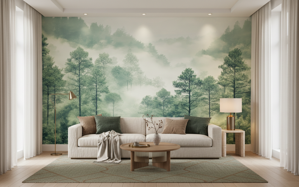 Papier peint forêt brume matinale paysage naturel apaisant - Salon / Séjour