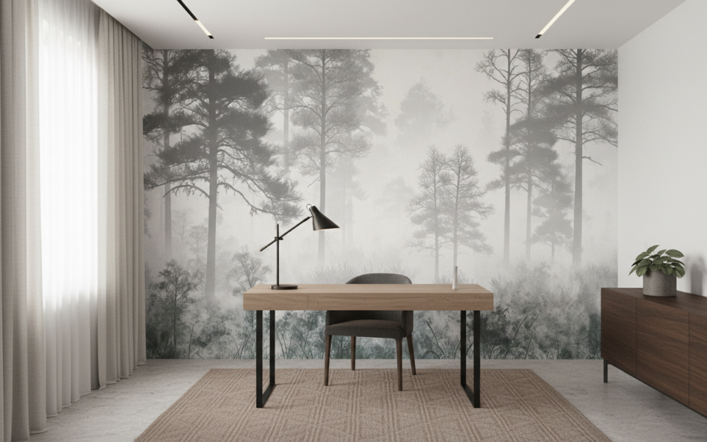Papier Peint Forêt Brumeuse Noir et Blanc Nature Zen - Bureau