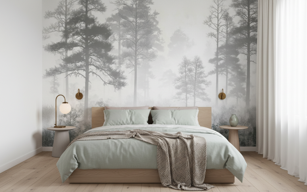 Papier Peint Forêt Brumeuse Noir et Blanc Nature Zen - Chambre adulte