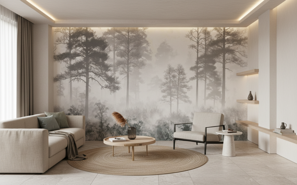 Papier Peint Forêt Brumeuse Noir et Blanc Nature Zen - Hôtel