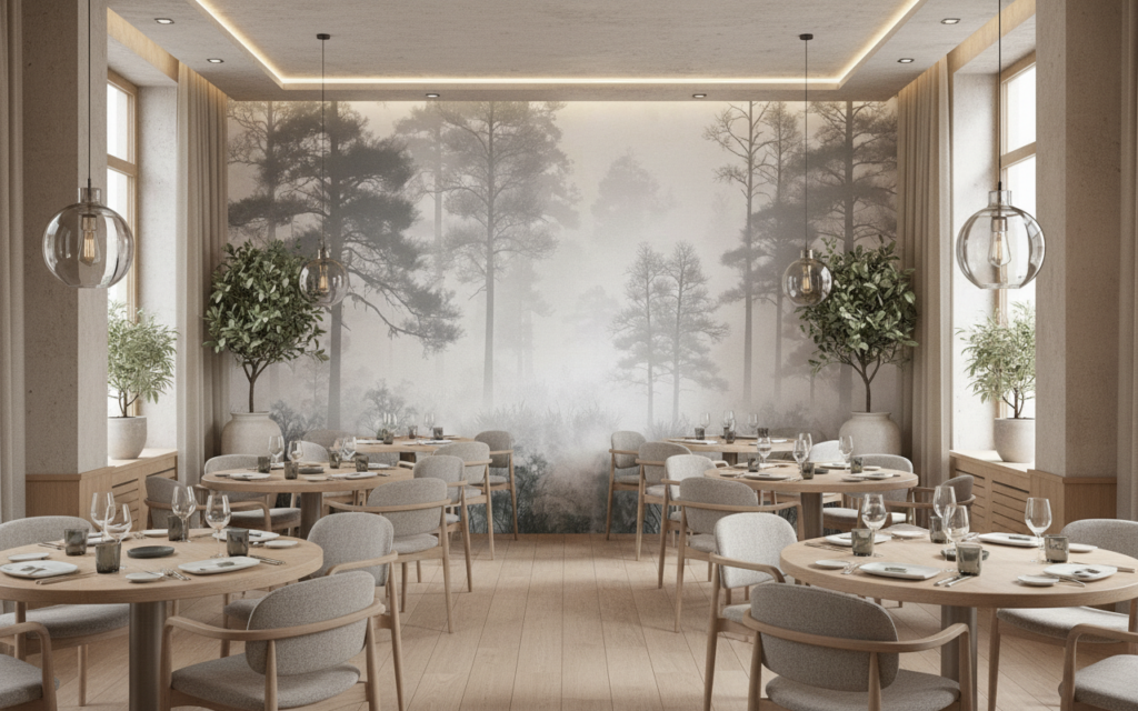 Papier Peint Forêt Brumeuse Noir et Blanc Nature Zen - Restaurant