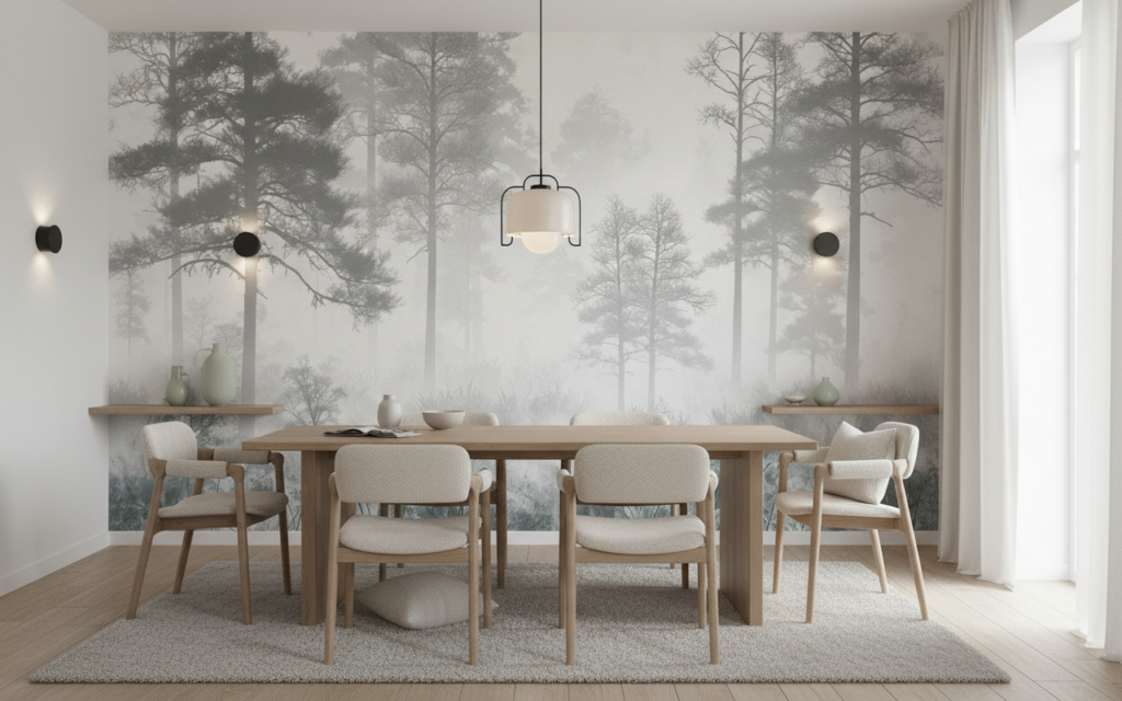 Papier Peint Forêt Brumeuse Noir et Blanc Nature Zen - Salle à manger