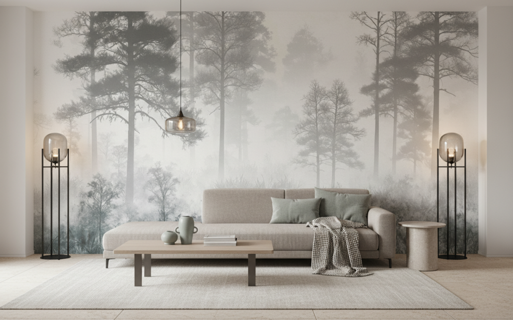 Papier Peint Forêt Brumeuse Noir et Blanc Nature Zen - Salon / Séjour