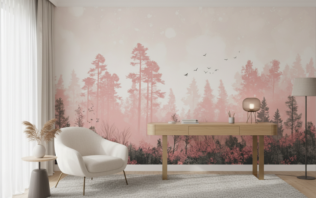 Papier peint forêt brumeuse rose et gris oiseaux romantique - Bureau