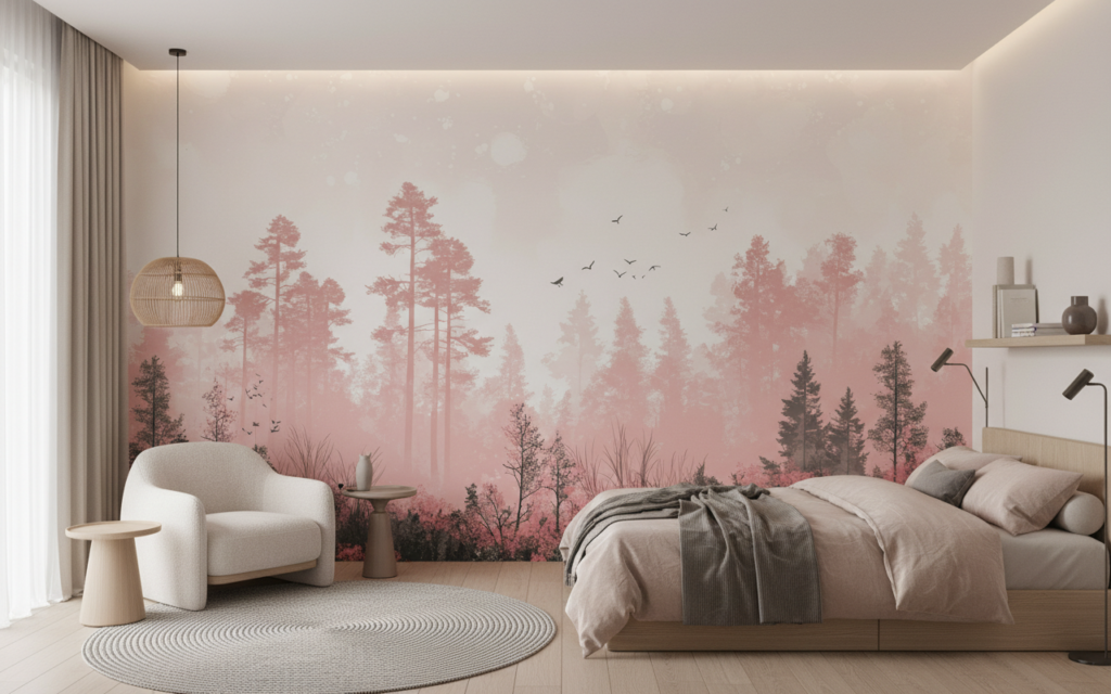 Papier peint forêt brumeuse rose et gris oiseaux romantique - Chambre ado
