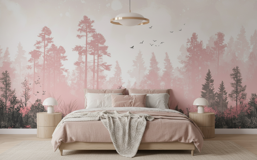 Papier peint forêt brumeuse rose et gris oiseaux romantique - Chambre adulte