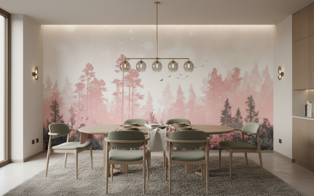 Papier peint forêt brumeuse rose et gris oiseaux romantique - Salle à manger