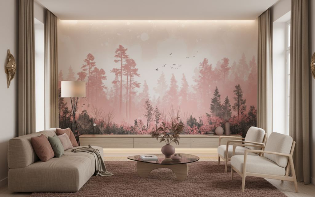 Papier peint forêt brumeuse rose et gris oiseaux romantique - Salon / Séjour