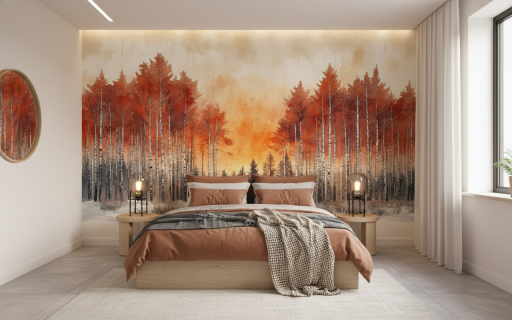 Papier Peint Forêt de Bouleaux Automnale avec Feuillage Flamboyant - Chambre adulte