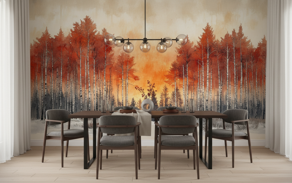 Papier Peint Forêt de Bouleaux Automnale avec Feuillage Flamboyant - Salle à manger