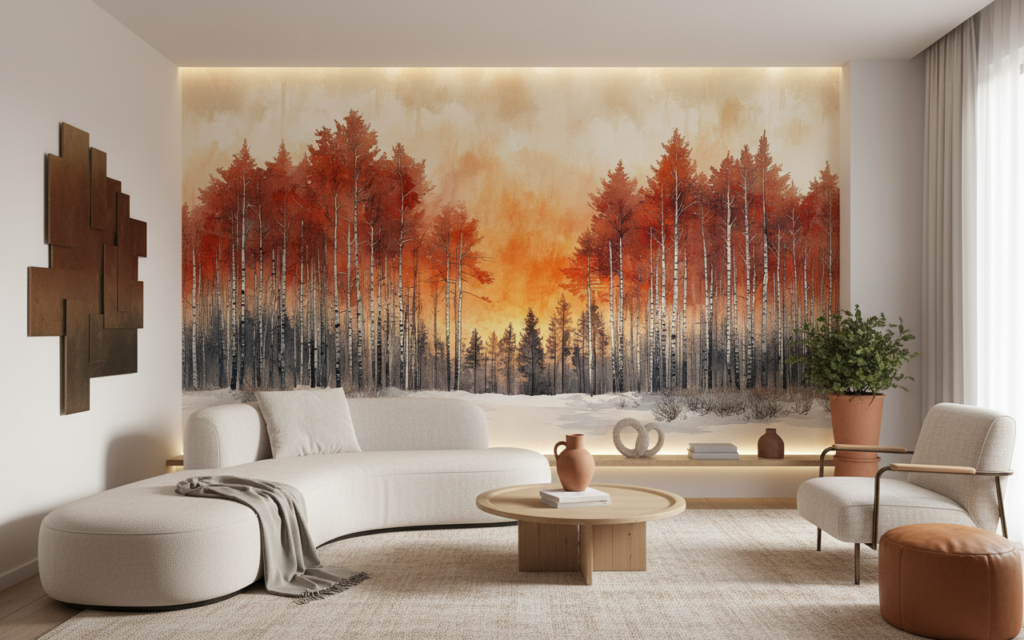 Papier Peint Forêt de Bouleaux Automnale avec Feuillage Flamboyant - Salon / Séjour