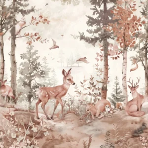 Papier peint forêt enchantée avec animaux et feuillage automnal