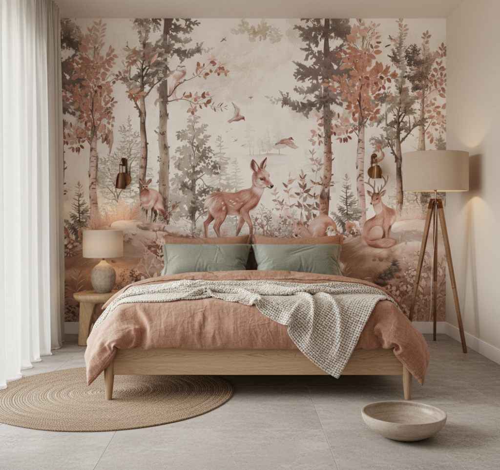 Papier peint forêt enchantée avec animaux et feuillage automnal - Chambre adulte